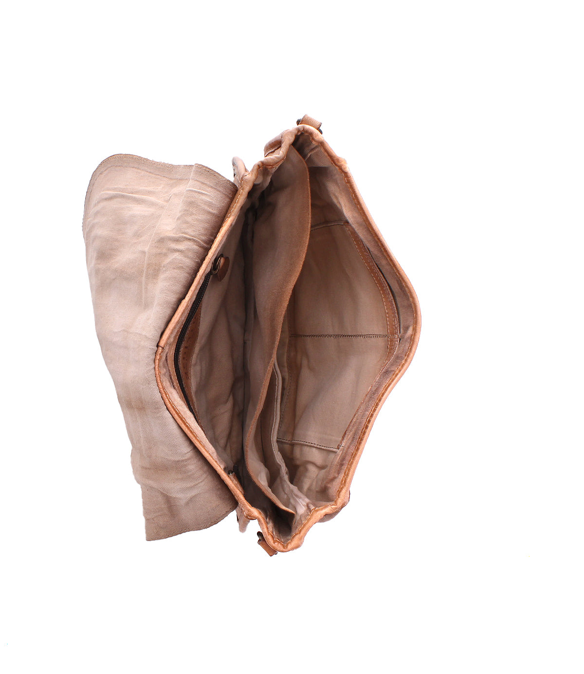Top view of an open, empty Sequoia EM saddle bag by Bed|Stü, crafted from light brown vegetable-tanned leather with multiple inner compartments, shown against a white background.