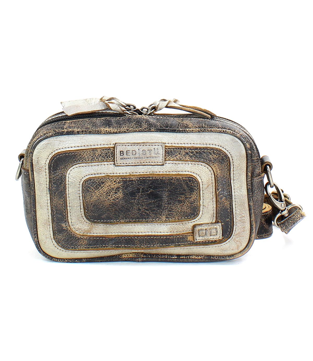 Introducing the Shy by Bed|Stü—a small, compact leather bag in distressed brown featuring white trim, metal hardware, an adjustable strap, and a signature Bed|Stü logo patch. This rectangular-shaped bag offers dual pockets for organized storage and showcases a worn-in, vintage appearance.