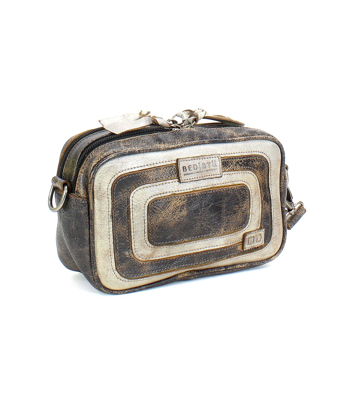 The Shy by Bed|Stü is a small, rectangular distressed leather bag featuring dual zippered compartments and contrasting light and dark panels—an ideal choice for keeping your purse organized.