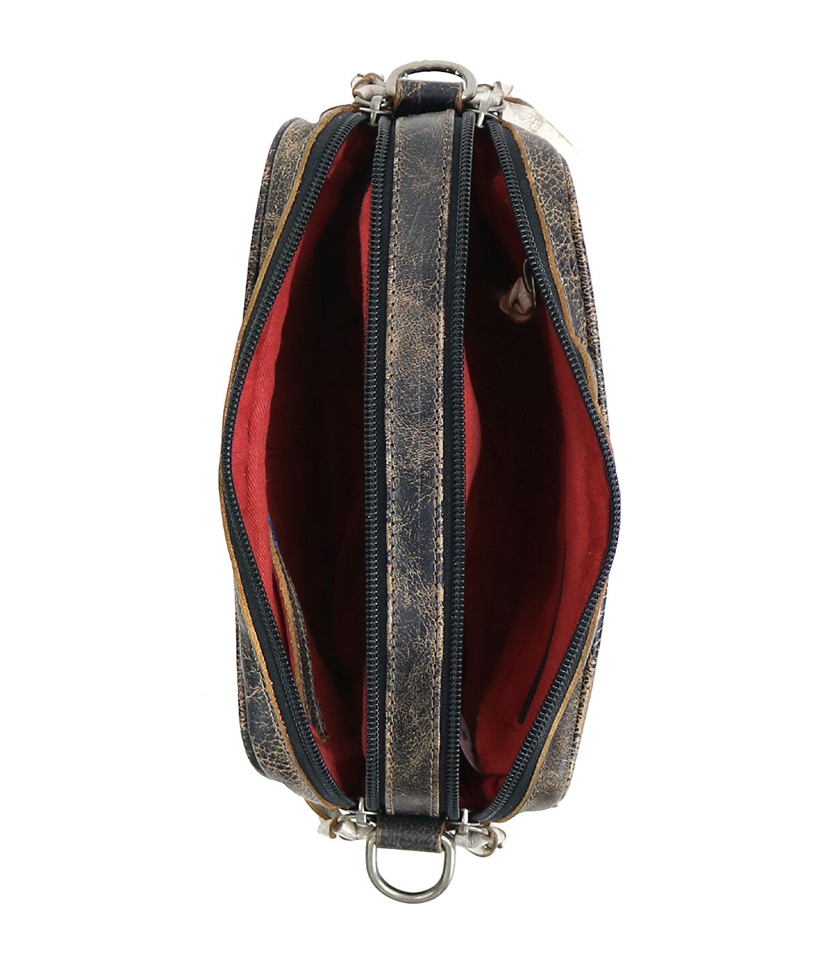 Top view of the Bed|Stü Shy, a compact leather bag featuring a worn finish and vibrant red fabric lining. The open dual-zippered design reveals two spacious main compartments, providing convenient and organized storage in this stylish purse.
