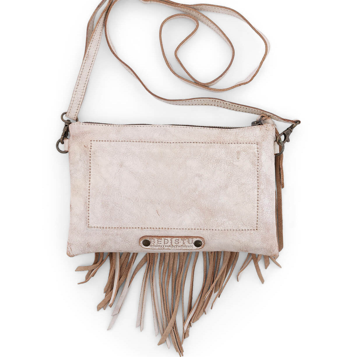Bed|Stü Silverrock small crossbody bag in light tan leather, featuring a long strap, fringe detail at the bottom, and a rectangular stitched accent on the front.