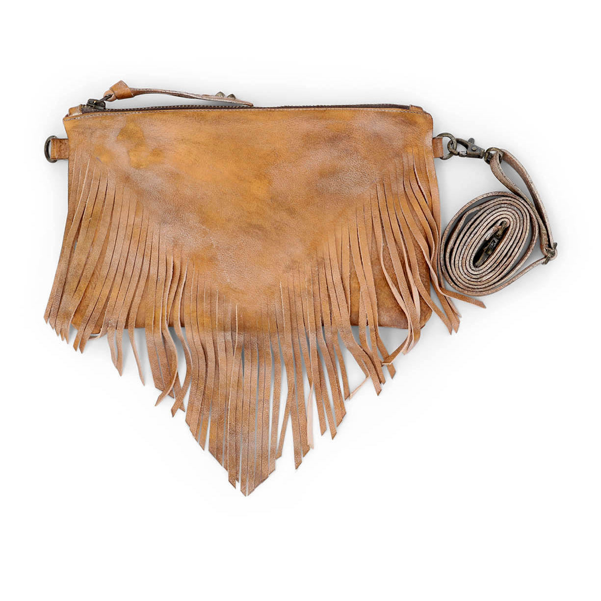 Bed|Stü Silverrock small crossbody bag in light brown leather, featuring long fringe detailing and a removable, rolled strap, displayed on a white background.