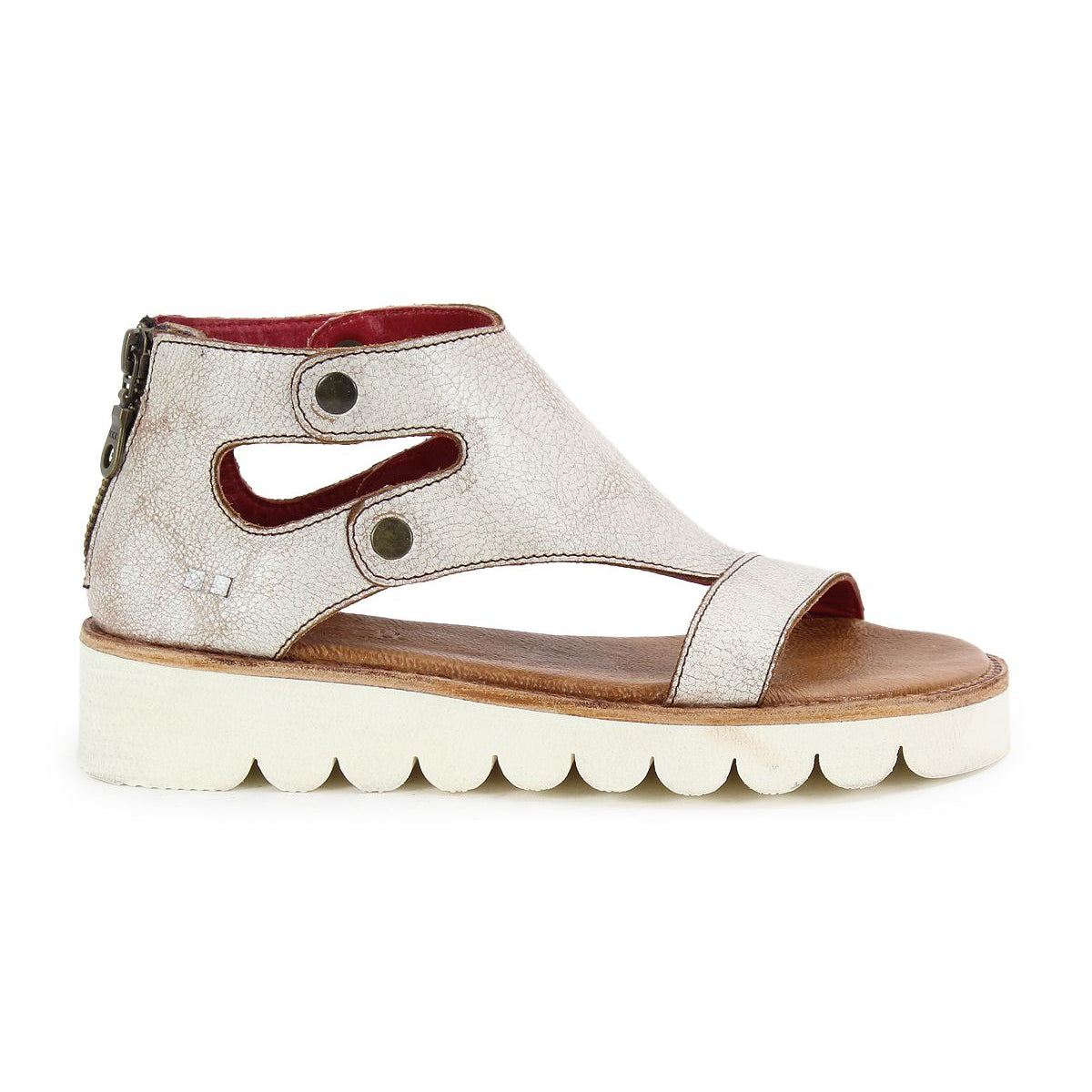 Side view of the Bed|Stü Soni II, a silver open-toe platform sandal featuring a thick scalloped white sole, cut-out design, ankle covering, and rear zipper closure for comfort and durability.