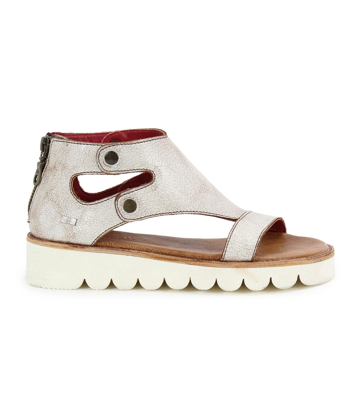 Side view of the Bed|Stü Soni II, a silver open-toe platform sandal featuring a thick scalloped white sole, cut-out design, ankle covering, and rear zipper closure for comfort and durability.