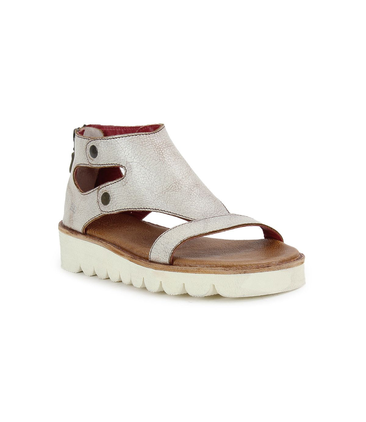 The Bed|Stü Soni II is a single open-toe platform sandal with a thick white sole, metallic upper material, and side cutouts, displayed on a white background. This comfortable sandal also features a durable outsole for long-lasting wear.