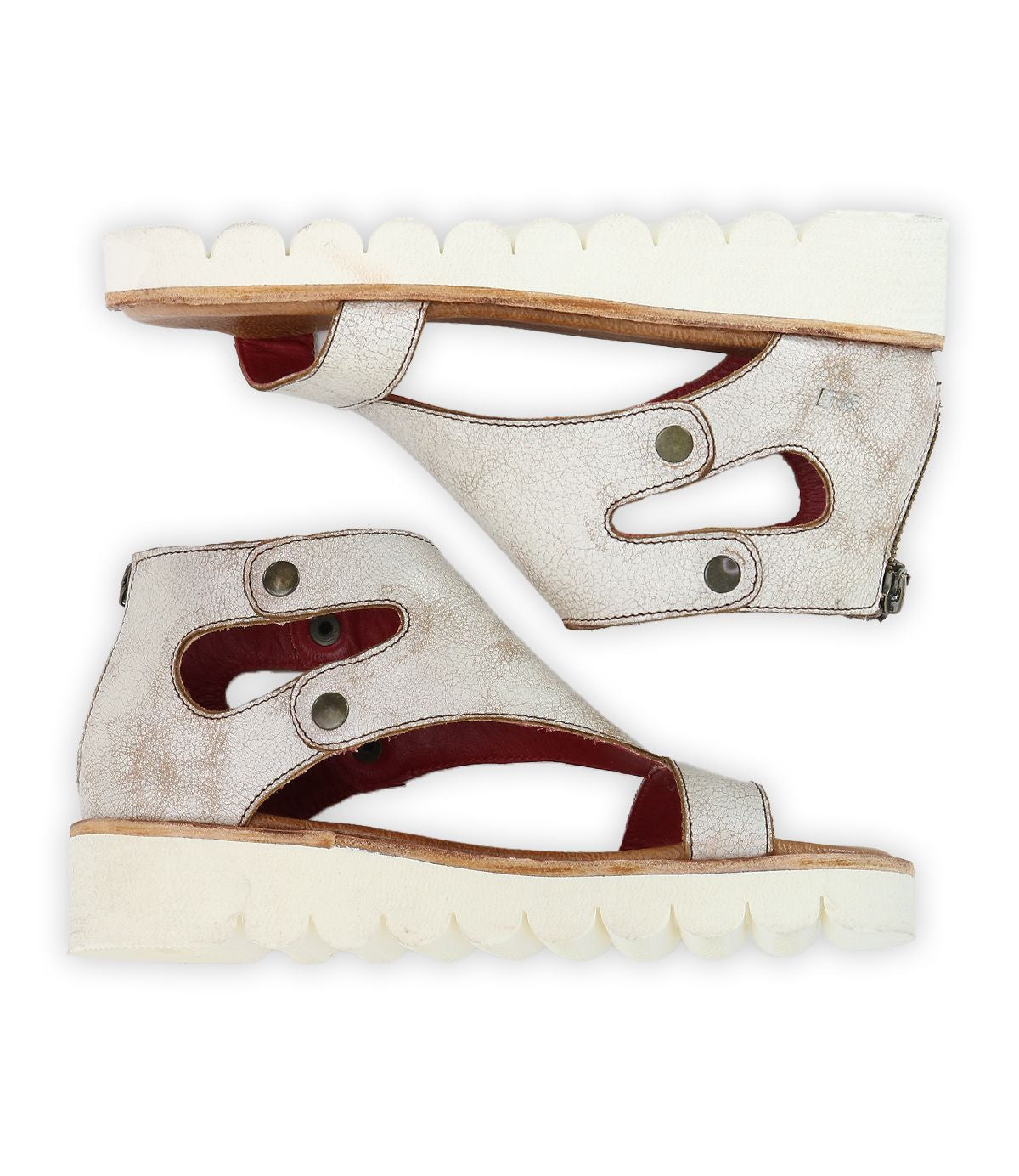 A pair of Bed|Stü Soni II light-colored, open-toe leather platform sandals featuring thick, white, scalloped durable outsoles and distinctive cutout details, displayed side by side.