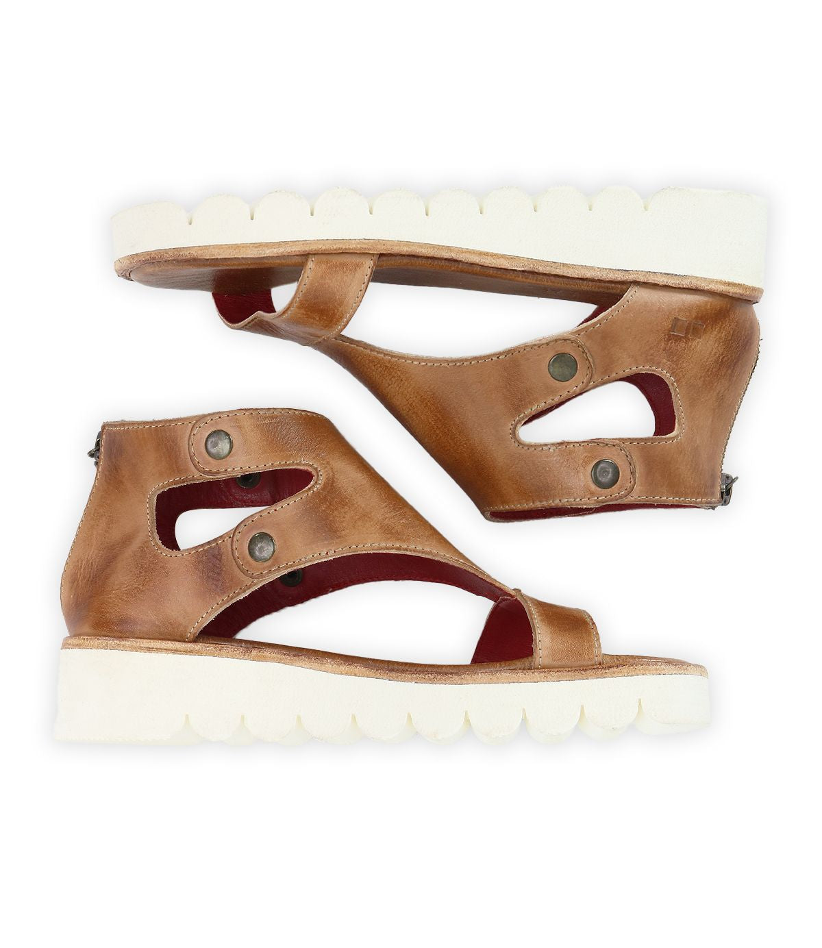 The Soni II by Bed|Stü is a pair of brown leather open-toe platform sandals featuring cut-out details, white thick durable outsoles, and metal snap buttons, shown in a side profile on a white background.