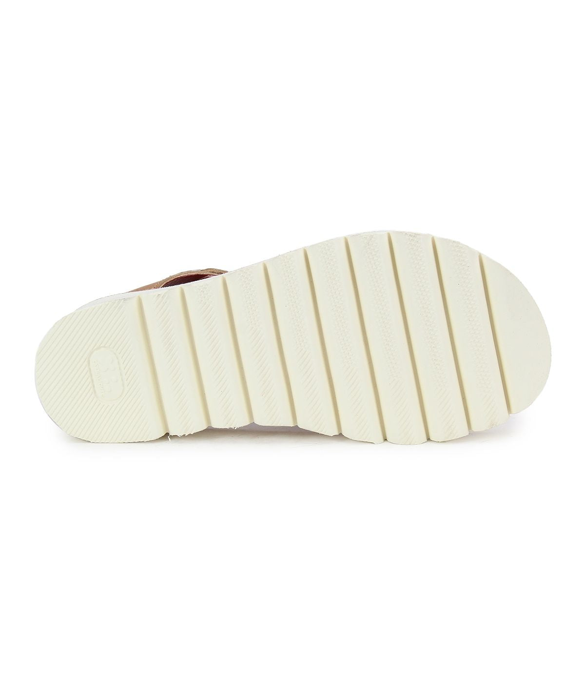 The image displays the bottom view of the Bed|Stü Soni II sandal, highlighting its comfortable design with a white, grooved rubber sole that features multiple horizontal ridges for traction and a durable outsole.