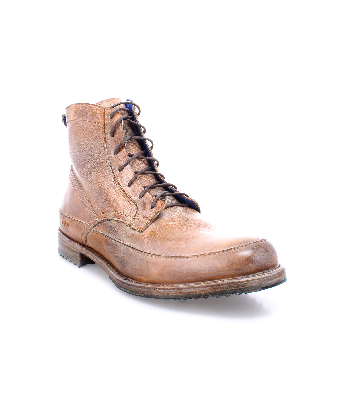 A single Bed|Stü Spiker men’s lace-up boot in brown leather, showing visible wear and classic design details, is photographed on a white background. This sturdy leather ankle boot features a cushioned insole for added comfort.