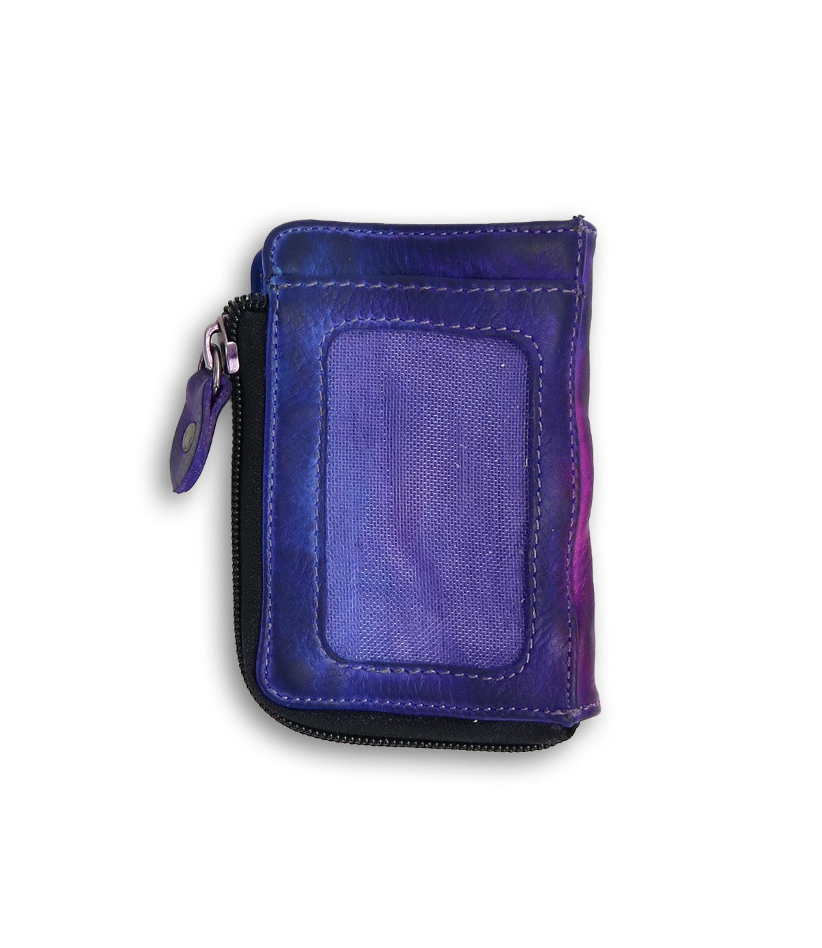The Bed|Stü Carrie is a small, compact leather wallet in purple, featuring a zipper closure and a stitched rectangular patch on the front. Designed with convenient card slots, it is showcased here against a plain white background.