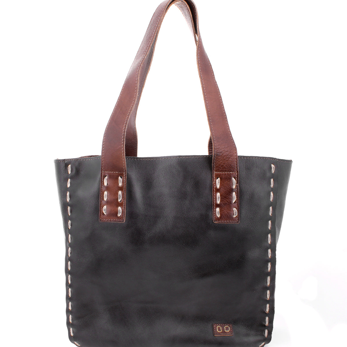 The Stevie tote by Bed|Stü is a vintage-inspired black leather bag featuring brown shoulder straps and visible stitching along the sides and handles, perfect for everyday carry, shown against a white background.