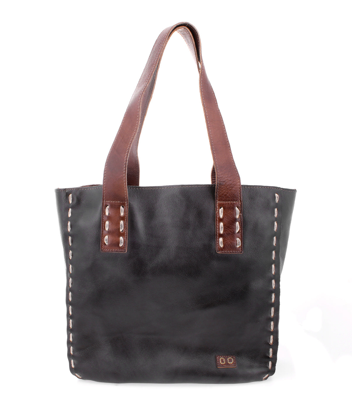 The Stevie tote by Bed|Stü is a vintage-inspired black leather bag featuring brown shoulder straps and visible stitching along the sides and handles, perfect for everyday carry, shown against a white background.