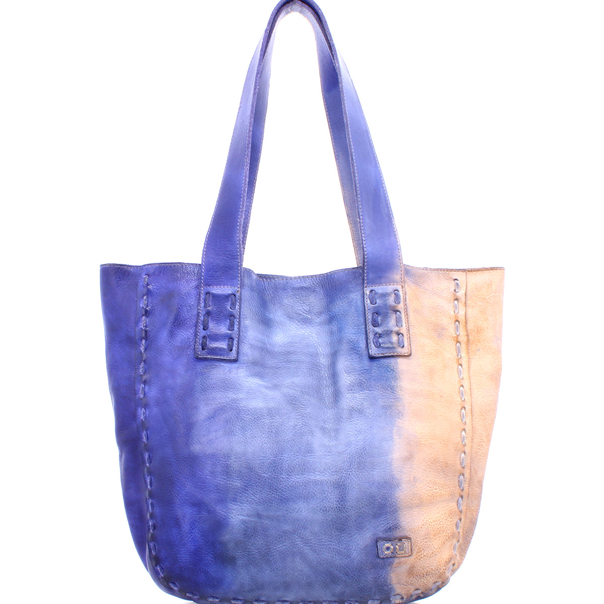 The Stevie by Bed|Stü is a vintage-inspired leather tote designed for everyday use, featuring two handles and a stunning gradient color that gracefully shifts from blue on the left to tan on the right.