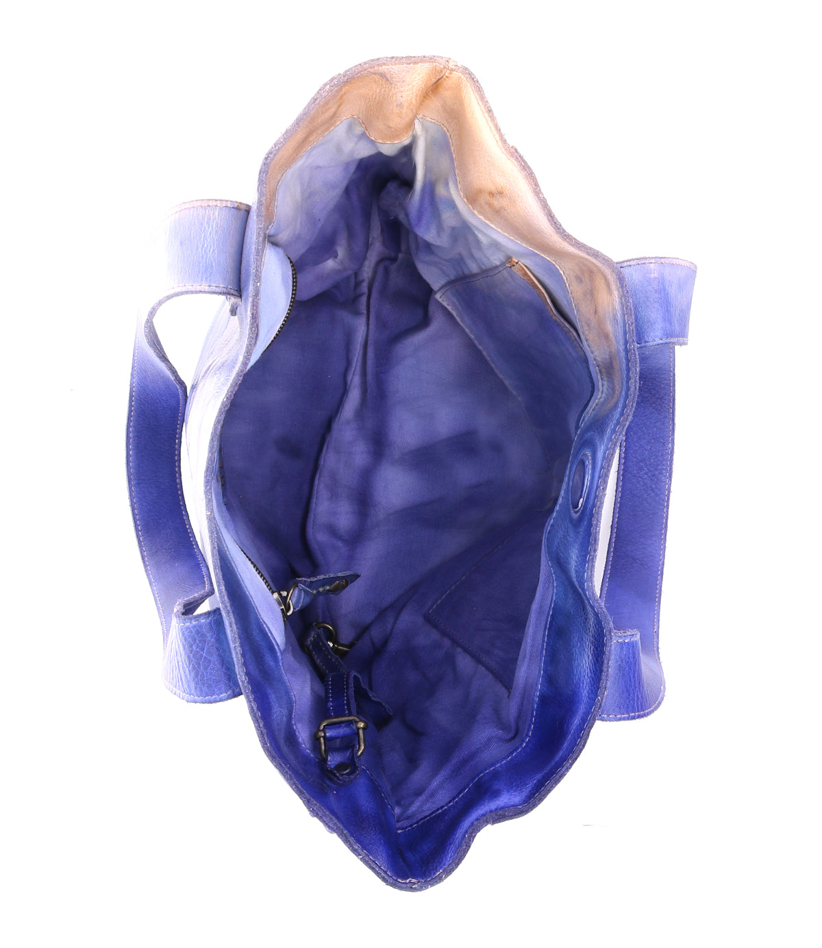 Top view of the Bed|Stü Stevie tote—an empty blue leather handbag featuring a zippered pocket, a clasp, and visible fabric lining inside—perfect for your everyday carry.