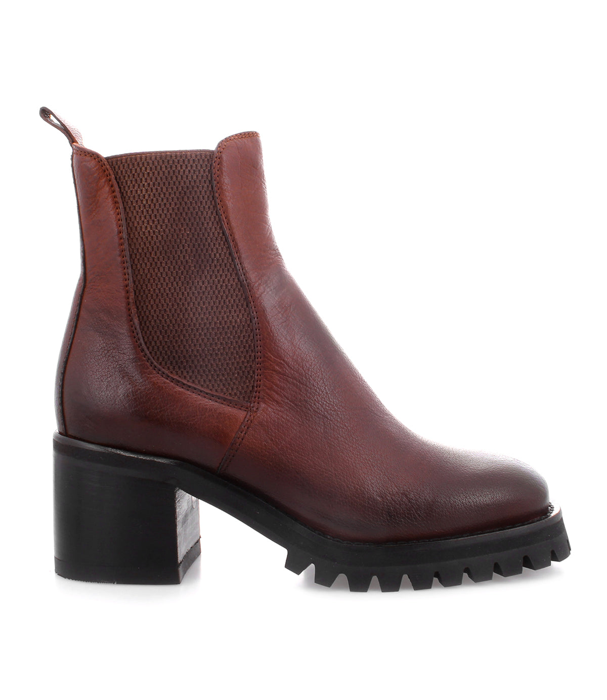 The Surge by Bed|Stü is a brown Italian leather ankle boot in the classic Chelsea style, featuring textured elastic side panels, a chunky heel, and a ridged black rubber sole.