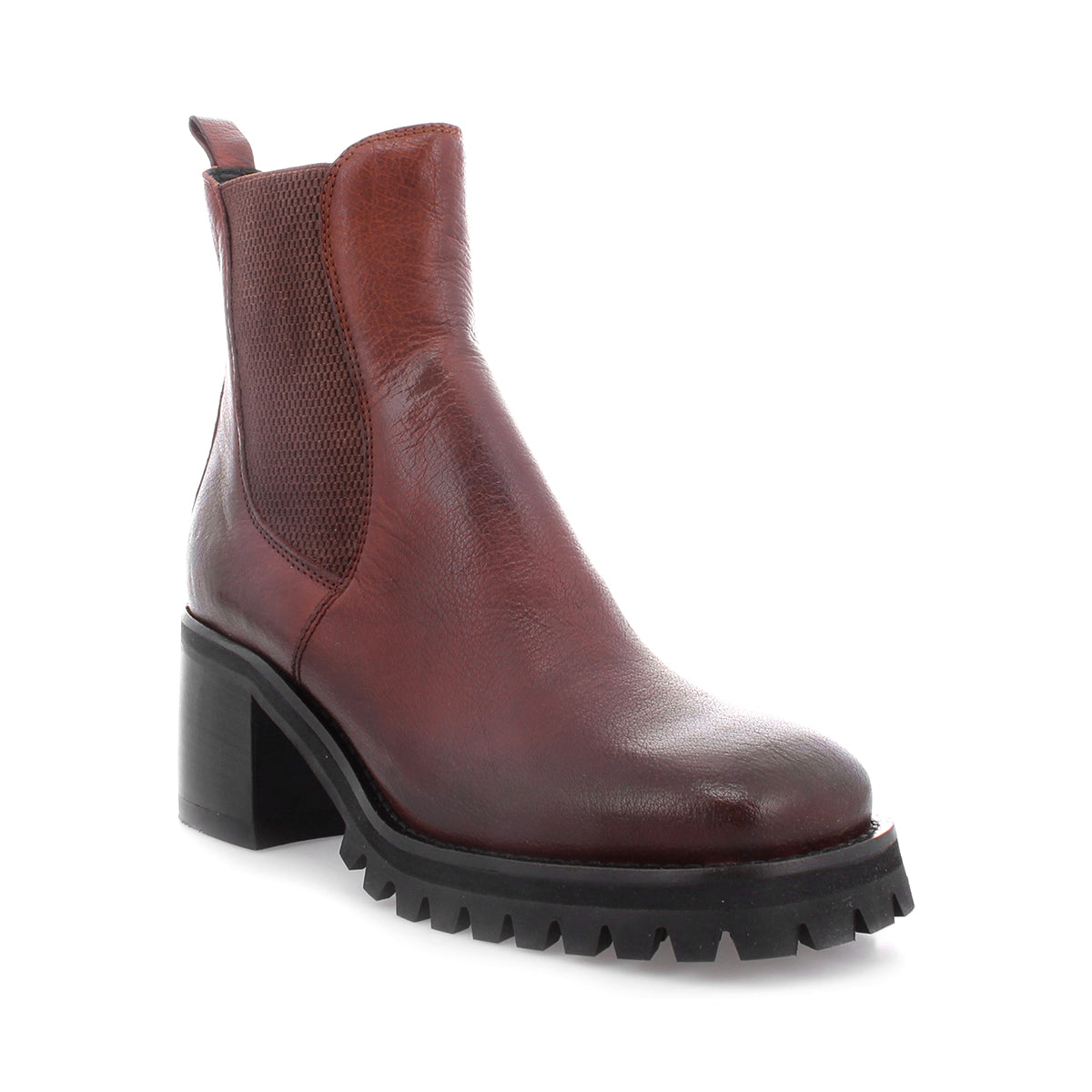 The Surge boot by Bed|Stü is a brown Italian leather Chelsea boot featuring elastic side panels, a chunky black sole, and a low block heel, displayed at a slight angle against a white background.