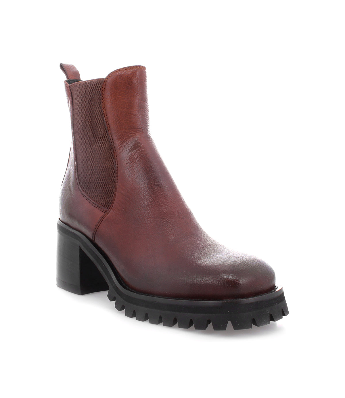 The Surge boot by Bed|Stü is a brown Italian leather Chelsea boot featuring elastic side panels, a chunky black sole, and a low block heel, displayed at a slight angle against a white background.