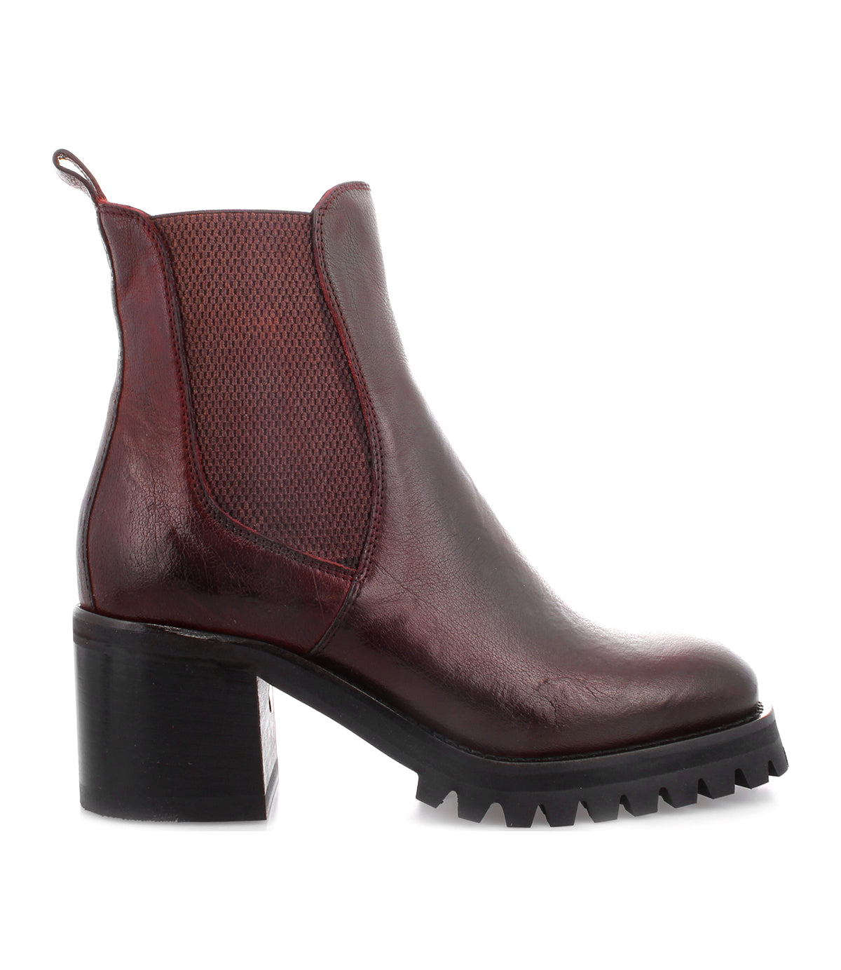 The Surge by Bed|Stü is a dark red Italian leather Chelsea boot featuring a chunky black heel and sole, elastic side panel, and back pull tab, displayed in profile on a white background.