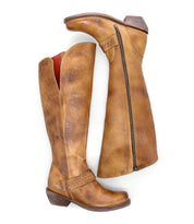 The Takoma boots by Bed|Stü are a pair of tan, knee-high leather boots featuring a stylish square toe, low stacked heels, decorative stitching, and a side zipper, displayed on a white background.