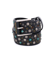 The Bed|Stü Tammin belt, coiled against a white background, features round metal studs and turquoise square studs with a silver interchangeable buckle for versatile styling.