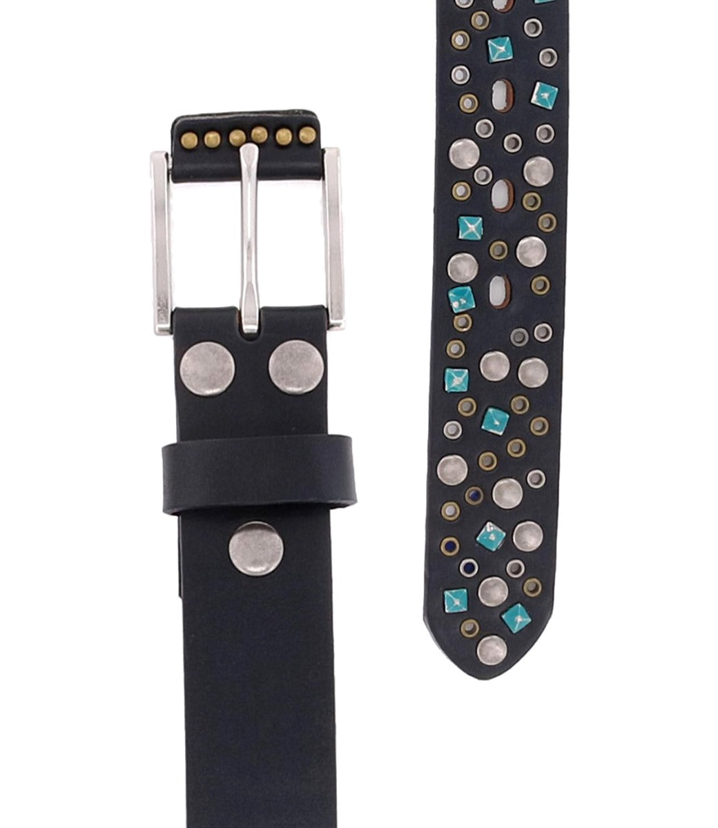 Bed|Stü’s Tammin II is a black leather circular studded belt with a silver buckle, detailed with silver rivets near the buckle and decorated with metallic studs and turquoise accents along the strap.