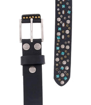 The Tammin belt by Bed|Stü is a striking black leather accessory featuring a silver buckle, metal rivets, and decorative turquoise and silver studs along its length—perfect for adding bold flair to any outfit.