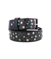 The Tammin II belt by Bed|Stü is crafted from black leather and features silver and brass studs, highlighted by bold turquoise square embellishments. The design is completed with a sleek silver buckle.