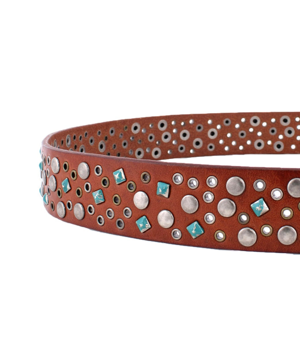 The Tammin belt by Bed|Stü is a brown leather circular studded belt adorned with silver round and turquoise square studs, photographed against a white background. This turquoise studded belt also features an interchangeable buckle for versatile styling.