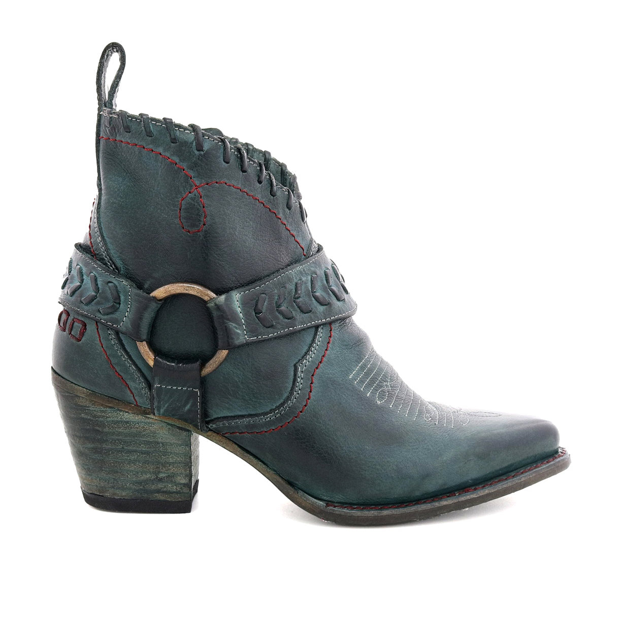The Bed|Stü "Tania" is a single dark green vintage leather cowboy bootie, displayed in profile on a white background, featuring decorative stitching, a side strap with a metal ring, and a low heel.
