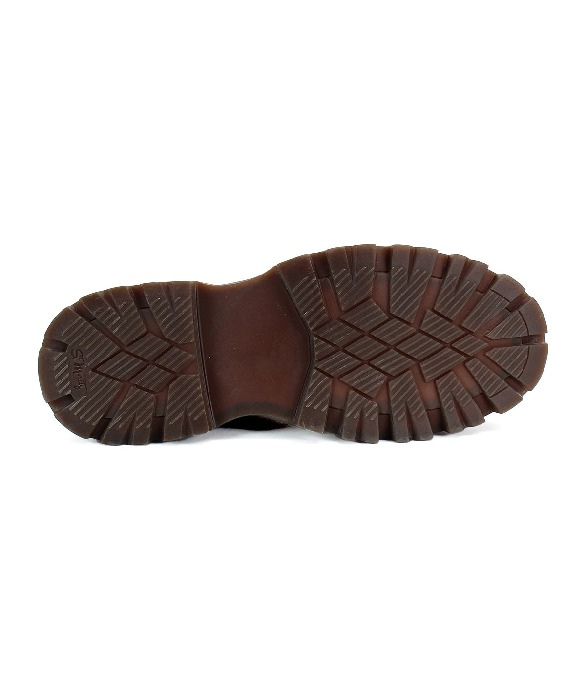 A close-up view of the tread pattern on the brown rubber lug outsole of the Bed|Stü Tanto shoe, shown from the bottom.