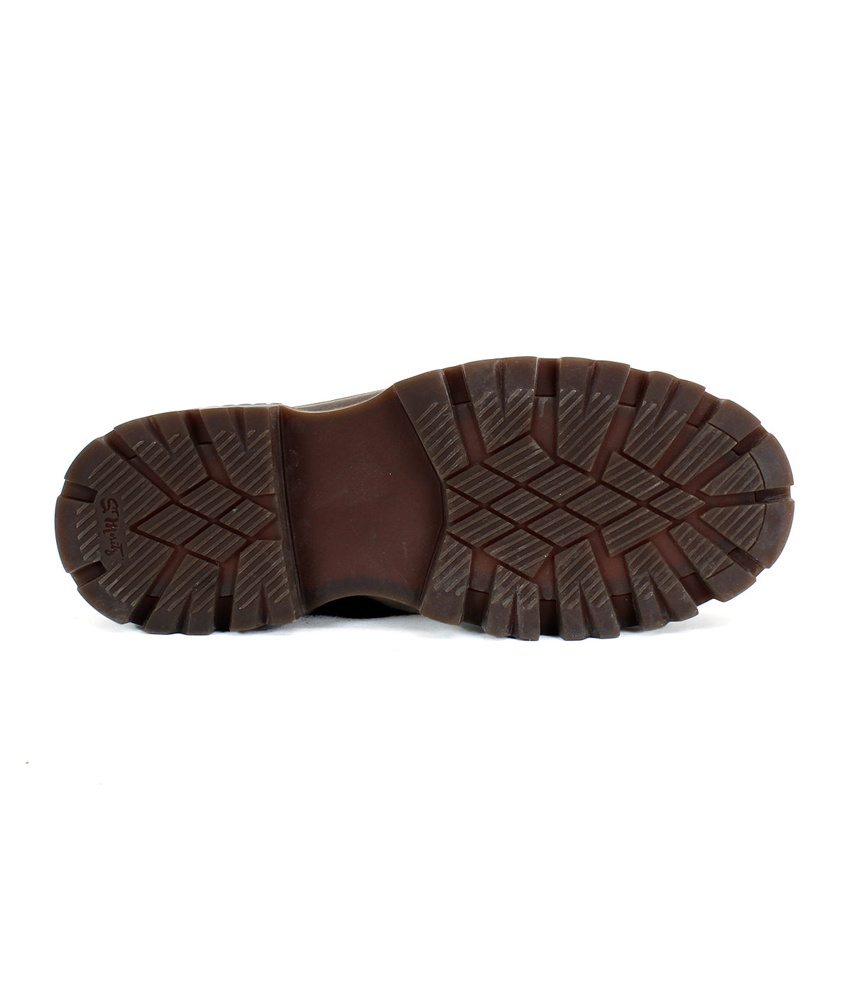 The image shows the brown rubber sole of the Bed|Stü Tanto boot, featuring deep, rugged treads designed for superior grip and durability.