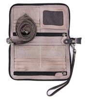 Introducing the Bed|Stü Templeton II: an open beige leather wallet featuring multiple card slots, zippered compartments, a mesh ID window, and a detachable strap tucked inside—making it simple to convert this stylish accessory into a chic leather crossbody or clutch for versatile everyday use.