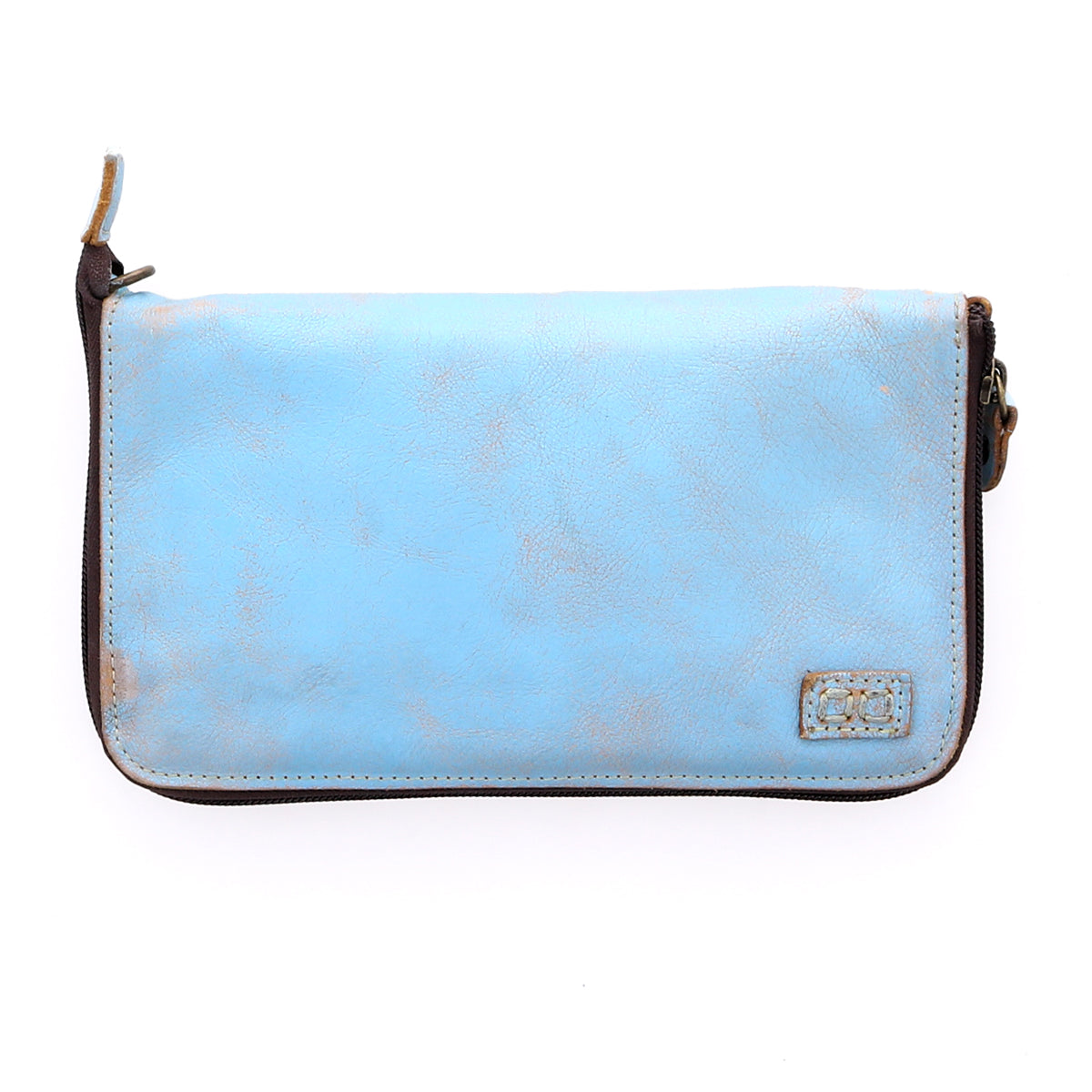 The Bed|Stü Templeton II is a rectangular light blue leather wallet with visible wear, featuring zipper closures along the top and right sides and a small stitched brand patch in the bottom right corner—versatile enough to be carried as a clutch for effortless style.