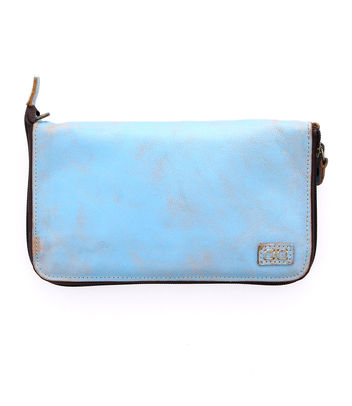 The Bed|Stü Templeton II is a rectangular light blue leather wallet with visible wear, featuring zipper closures along the top and right sides and a small stitched brand patch in the bottom right corner—versatile enough to be carried as a clutch for effortless style.