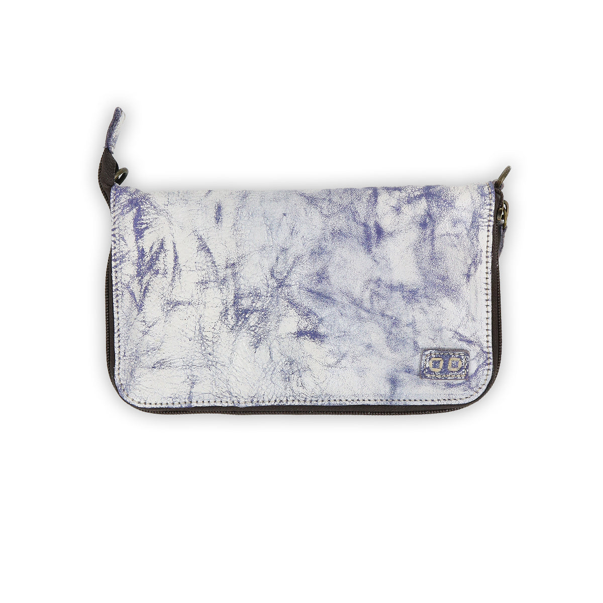 Introducing the Templeton II by Bed|Stü—a rectangular clutch purse featuring a blue and white marbled pattern, dark edges, a zipper closure, and a small fabric logo patch in the bottom right corner. Perfect for carrying solo as a stylish clutch or slipping into your favorite leather crossbody bag for added organization.