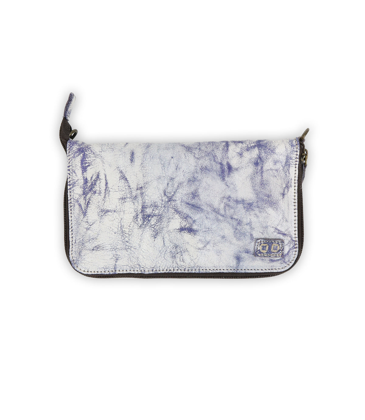 Introducing the Templeton II by Bed|Stü—a rectangular clutch purse featuring a blue and white marbled pattern, dark edges, a zipper closure, and a small fabric logo patch in the bottom right corner. Perfect for carrying solo as a stylish clutch or slipping into your favorite leather crossbody bag for added organization.