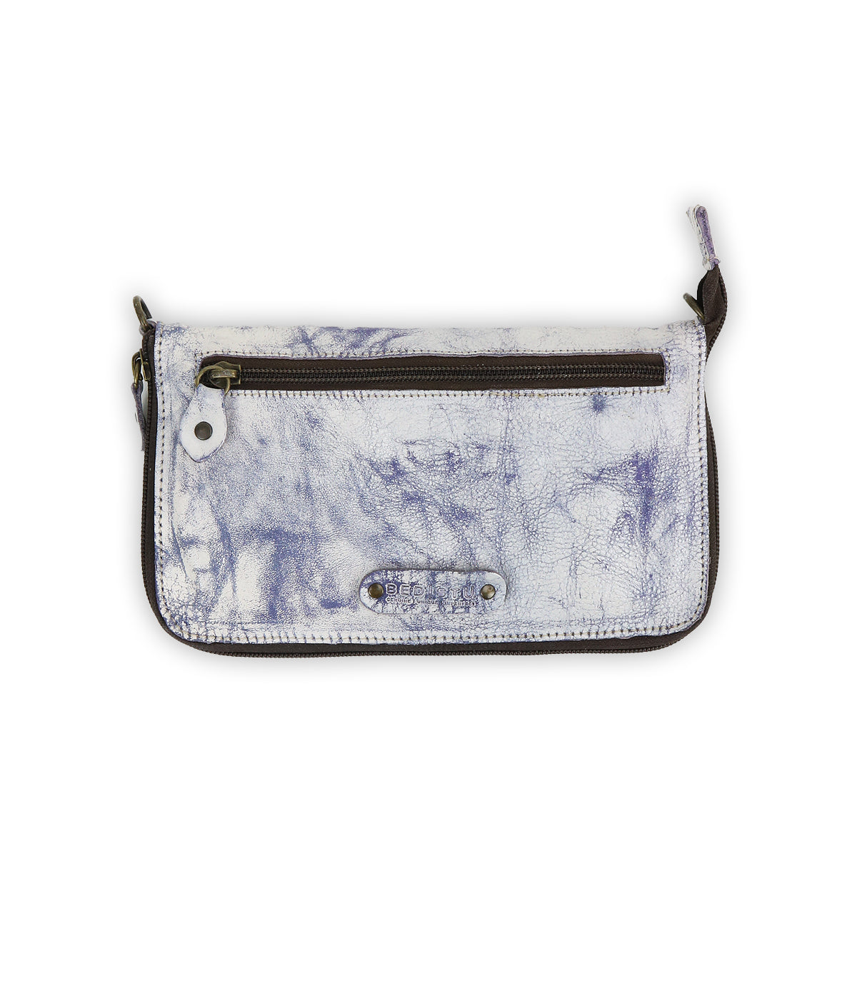 Introducing the Templeton II by Bed|Stü: a rectangular clutch in marbled white and purple leather, featuring a front white button snap, metal plate detailing, and a convenient zipper pocket—photographed on a white background. This stylish accessory effortlessly combines wallet elegance with the practicality of a crossbody.