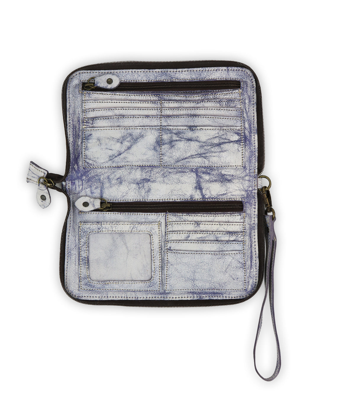 Displayed on a white background, the Bed|Stü Templeton II is an open marbled leather wallet featuring a zipper closure, multiple card slots, two zippered pockets, an ID window, and a wrist strap—perfectly sized to use as a clutch or to slip inside your favorite leather crossbody bag.
