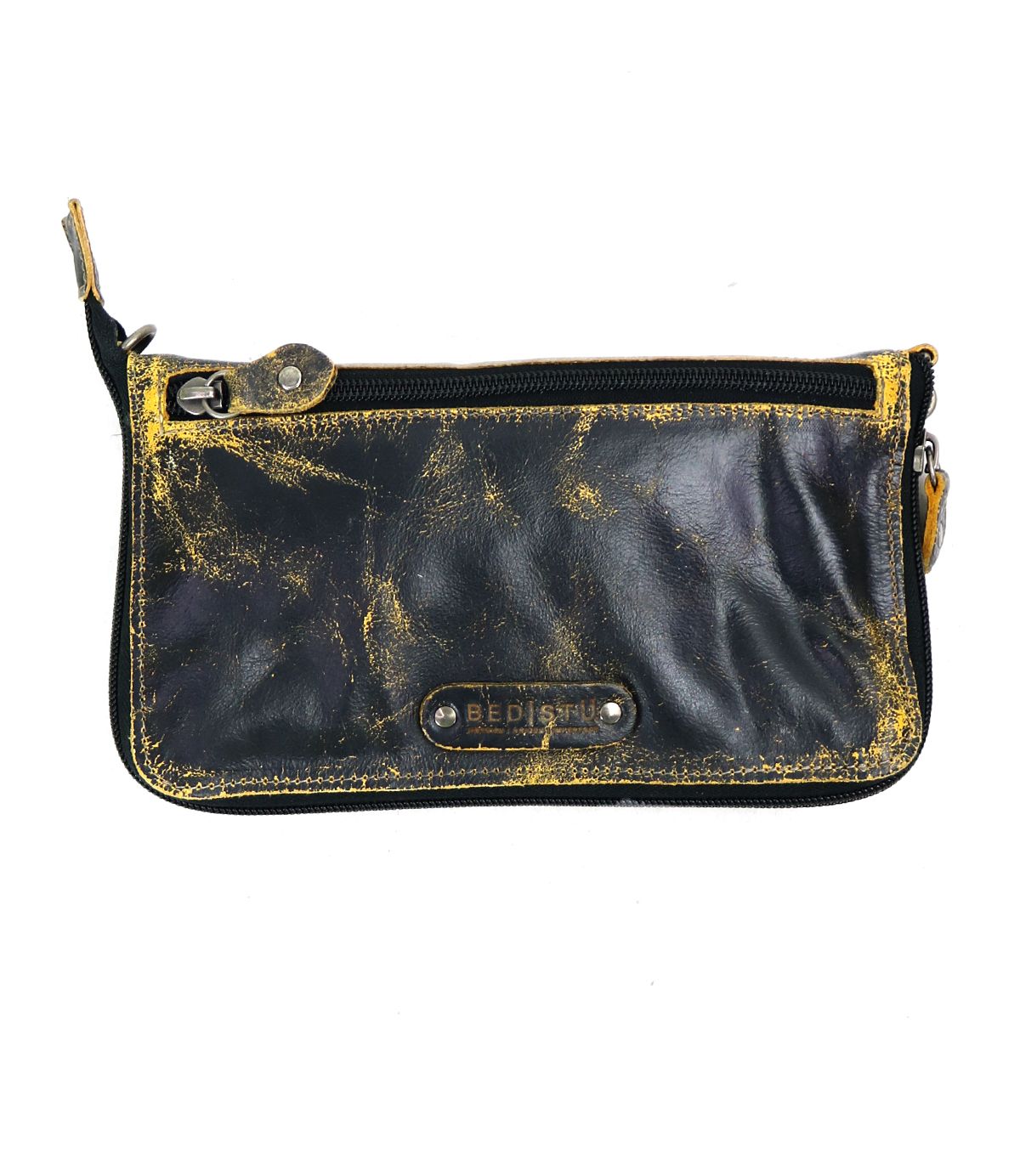 The Bed|Stü Templeton II is a black leather clutch featuring yellow distressed details, a metal zipper, and a branded name plate on the front; this versatile piece seamlessly transitions from a sleek clutch to a convenient leather crossbody or wallet.