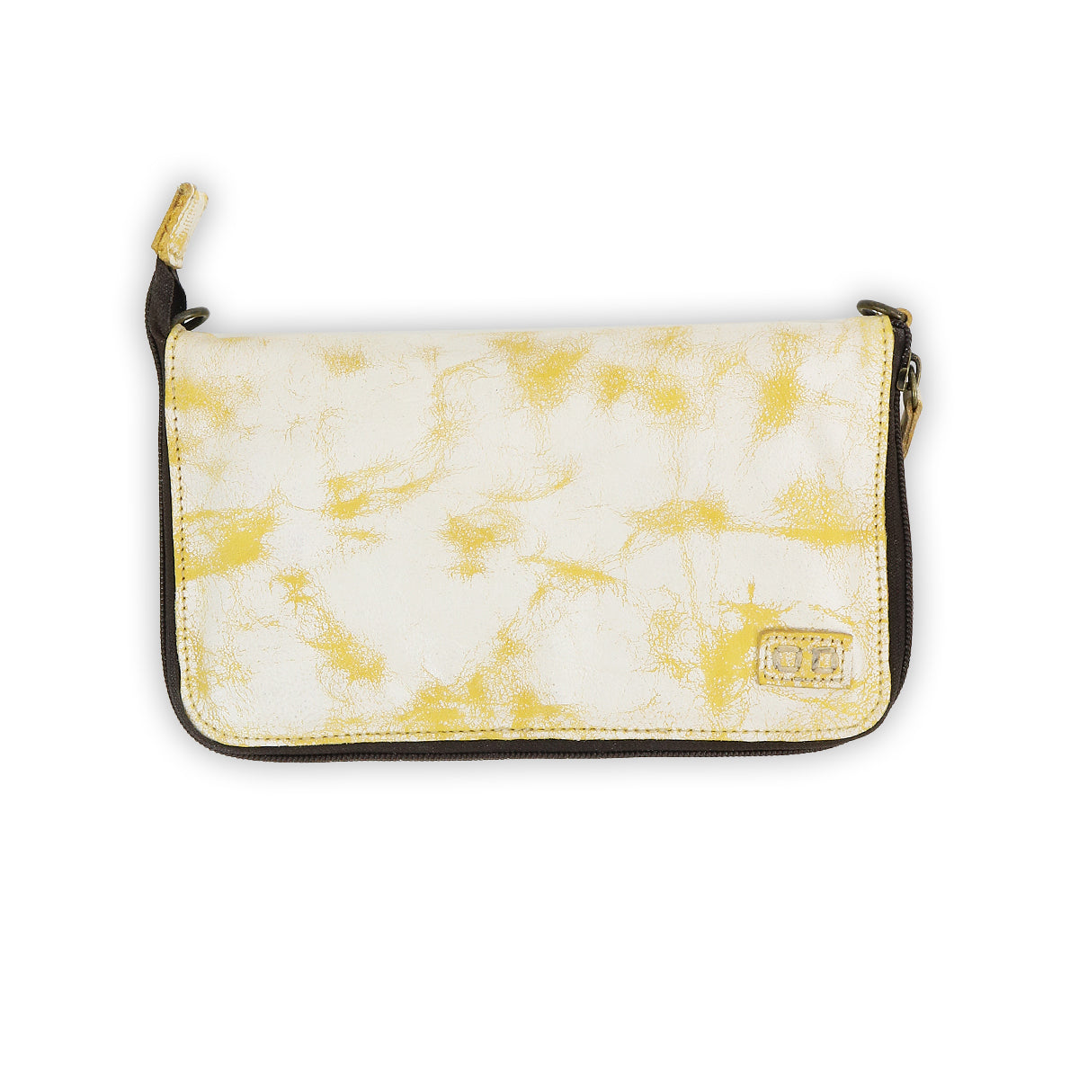 Introducing the Templeton II by Bed|Stü—a rectangular clutch purse featuring a striking yellow and white marbled pattern, brown edges, and a convenient zippered top closure. Perfect for use as a stylish wallet or a compact leather crossbody.