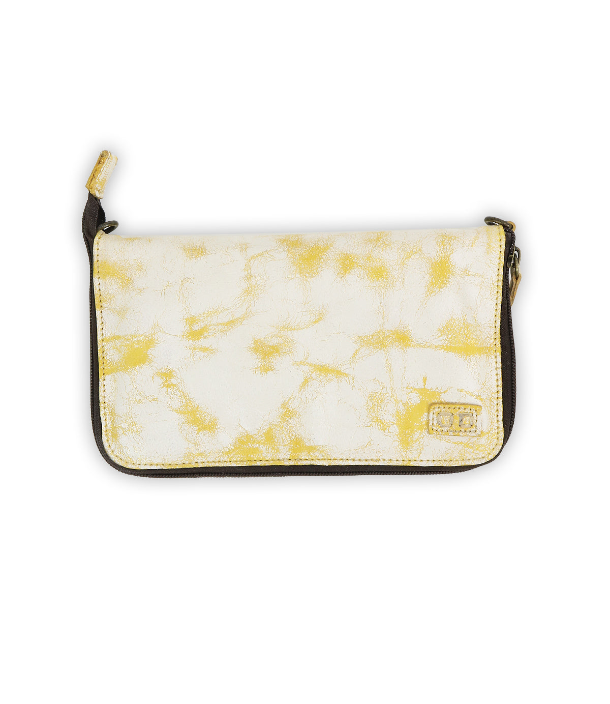 Introducing the Templeton II by Bed|Stü—a rectangular clutch purse featuring a striking yellow and white marbled pattern, brown edges, and a convenient zippered top closure. Perfect for use as a stylish wallet or a compact leather crossbody.