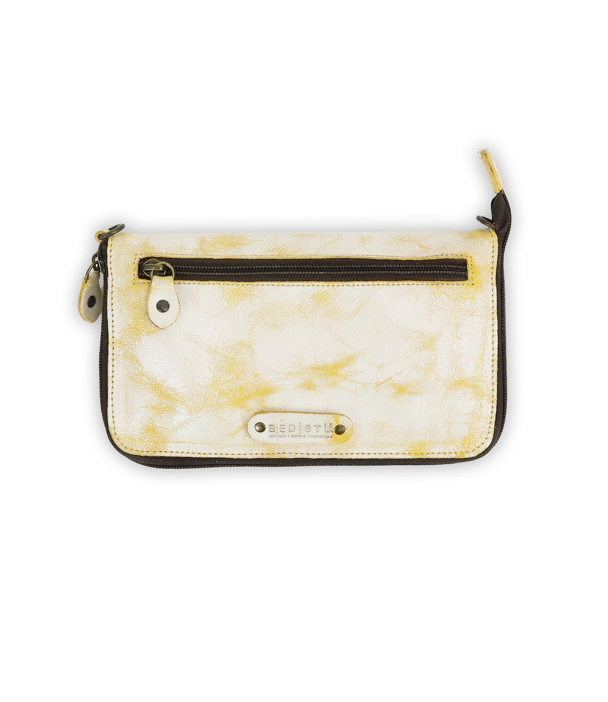 The Templeton II by Bed|Stü is a rectangular clutch wallet featuring cream and yellow marbled leather, a front zipper pocket, a metal Bed|Stü brand plate, and a zipper closure that wraps around the edges.