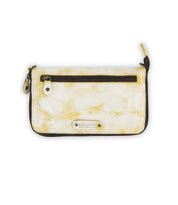 The Templeton II by Bed|Stü is a rectangular clutch wallet featuring cream and yellow marbled leather, a front zipper pocket, a metal Bed|Stü brand plate, and a zipper closure that wraps around the edges.