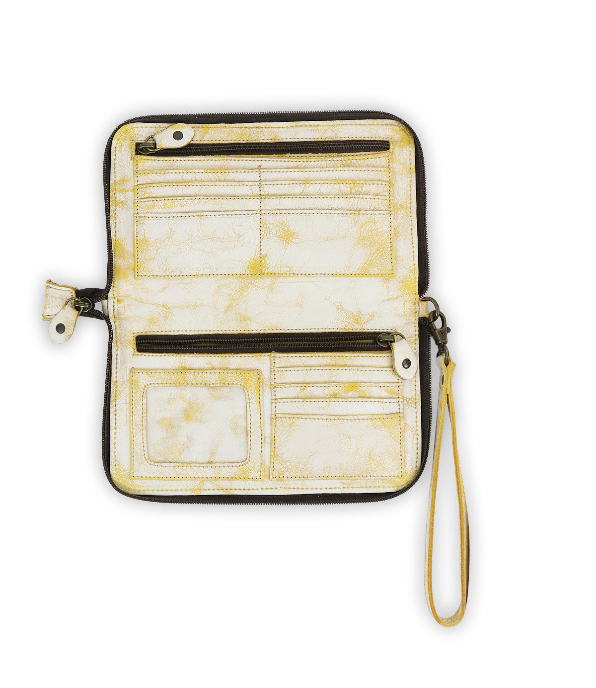 Introducing the Bed|Stü Templeton II: an open zippered clutch wallet featuring a yellow and white pattern, multiple card slots, a clear ID window, two zippered compartments, and a detachable wrist strap.