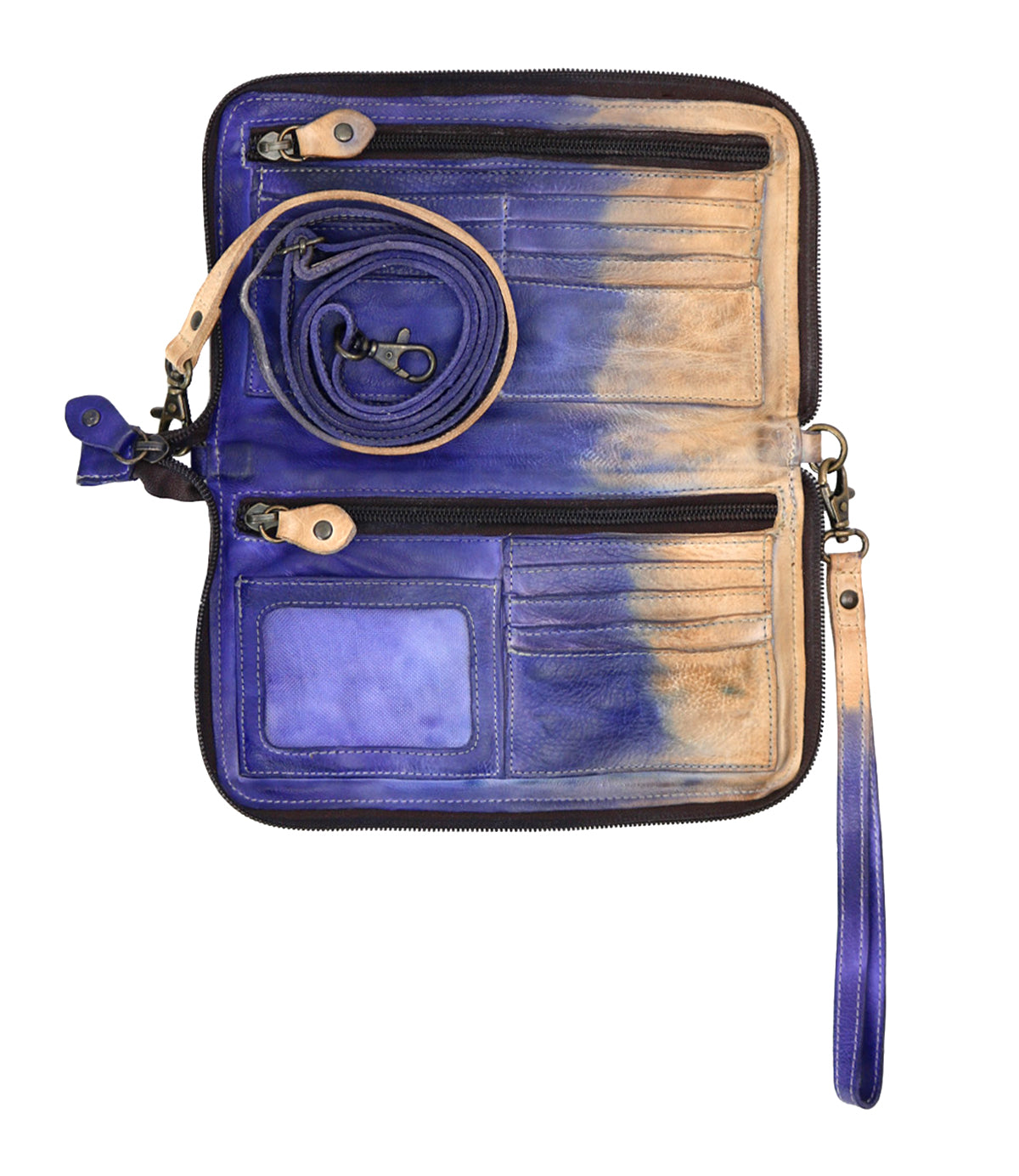 The Templeton II by Bed|Stü is a versatile leather crossbody wallet featuring an open design with multiple compartments, card slots, zippered pockets, and a detachable strap. Its distinctive blue and beige gradient adds unique style to its practical organization.