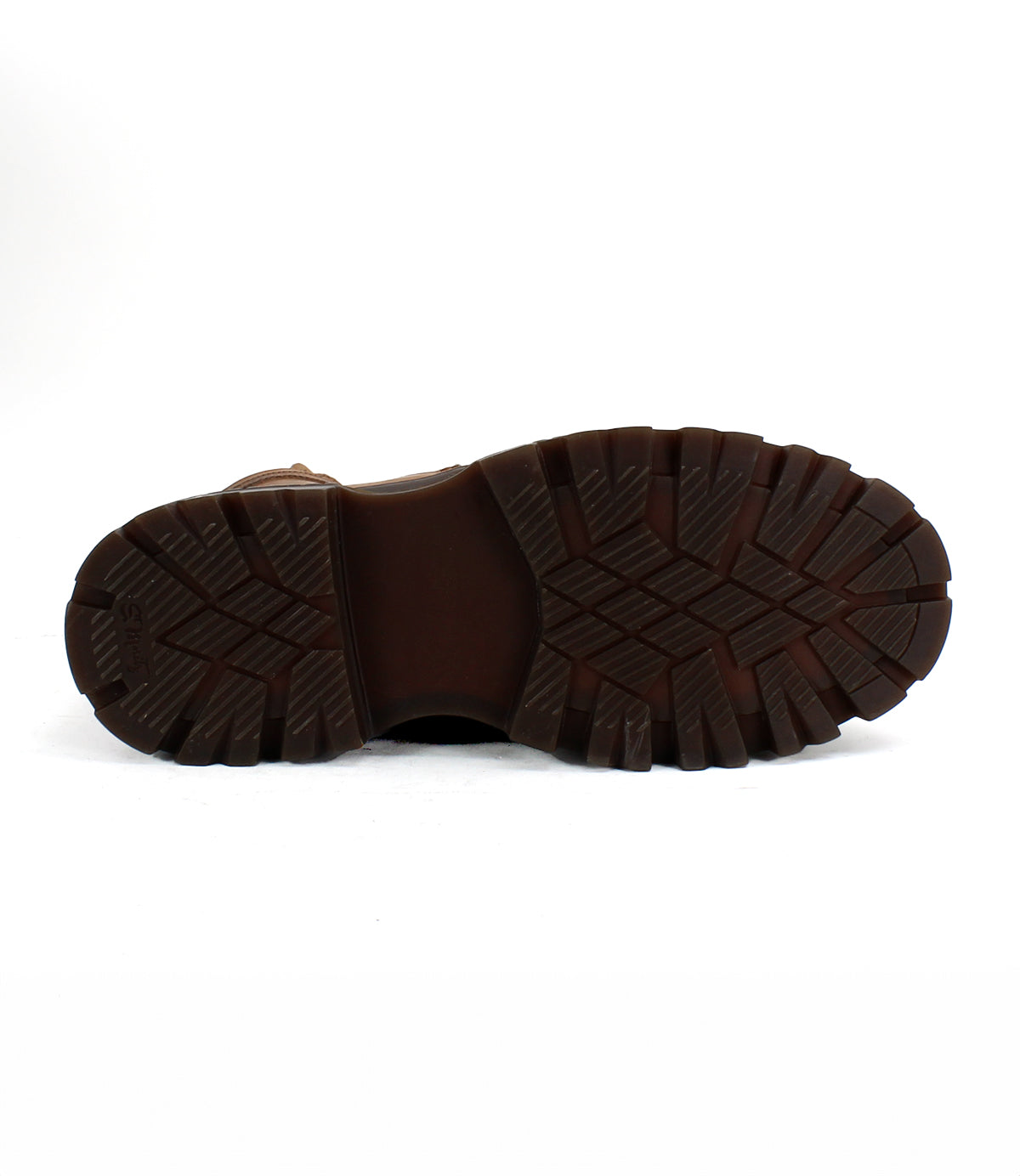 The image displays the brown, rugged rubber sole of the Bed|Stü Tempt hiking boot, viewed from the bottom and showcasing its deep, textured tread patterns.