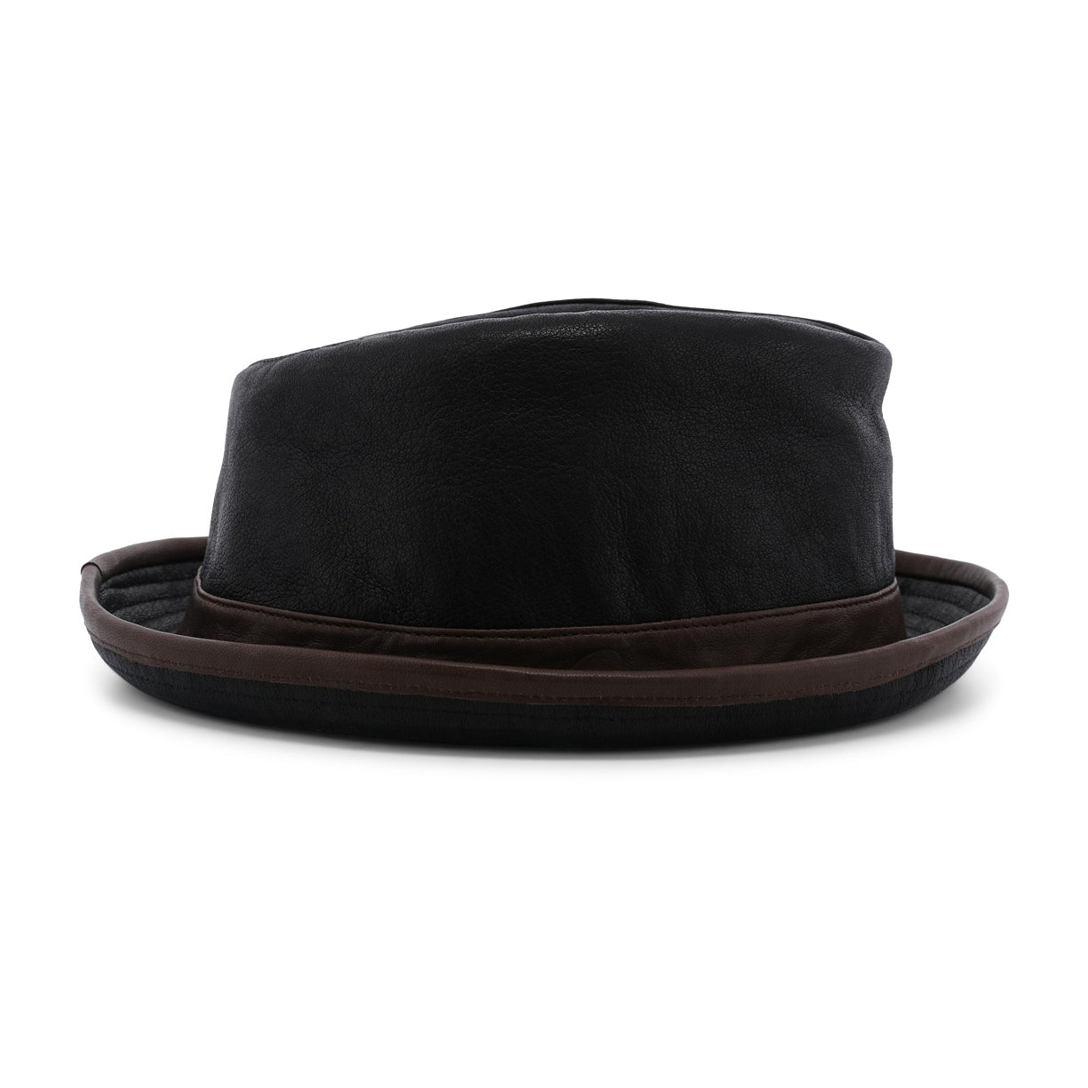 A front-facing view of the Turino by Bed|Stü— a black, crushable leather fedora hat featuring a dark brown band—set against a white background.
