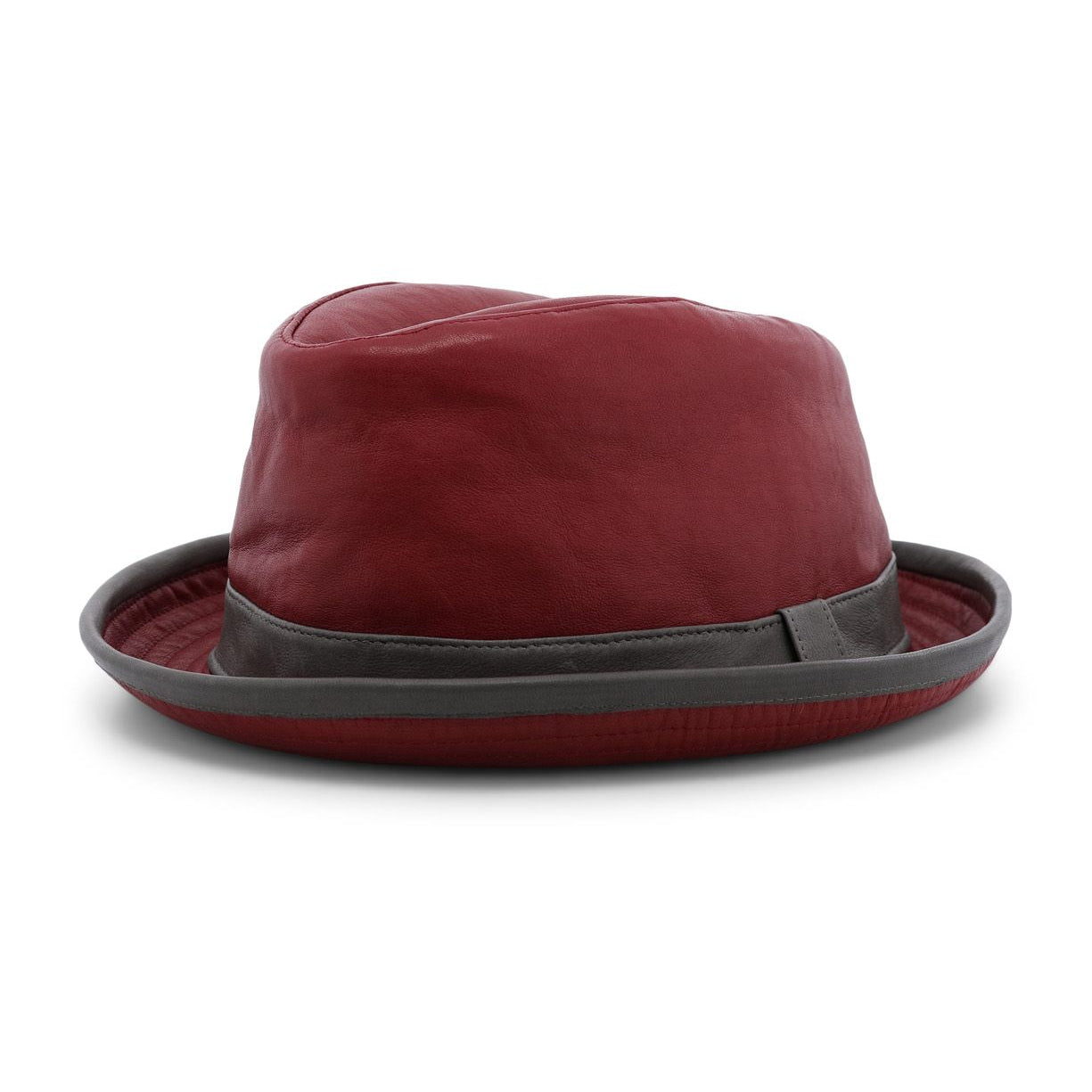 The Bed|Stü Turino is a maroon fedora hat featuring a dark gray band and brim, crafted from lightweight materials for comfortable wear, and displayed against a plain white background.