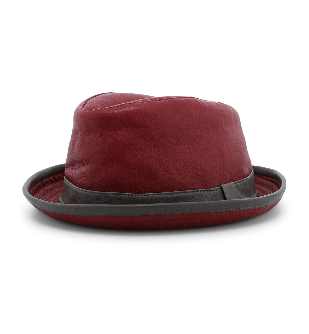 The Bed|Stü Turino is a maroon fedora hat featuring a dark gray band and brim, crafted from lightweight materials for comfortable wear, and displayed against a plain white background.