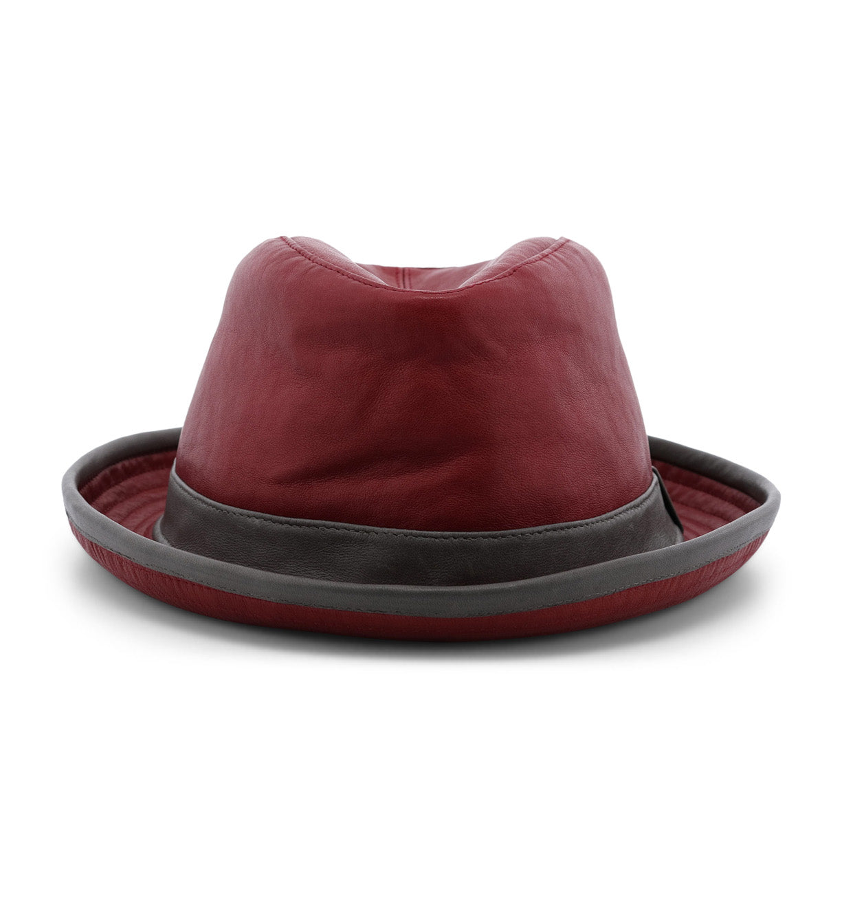 Showcased on a white background, the Turino by Bed|Stü is a handmade leather fedora in red, featuring a dark band and matching rim. Lightweight and crushable, it offers both style and practicality for everyday wear.